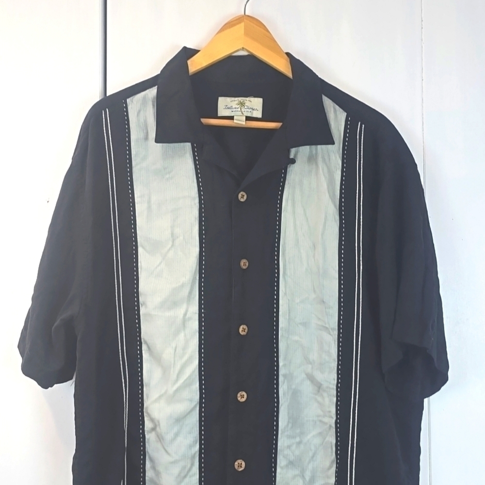 Island Shores | Mens 100% Silk Black Gray Color Block Dress Shirt Resort  Sz.XL